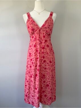 Monteau Los Angeles Floral Midi Dress Large Pink Smocked Back Tie Front